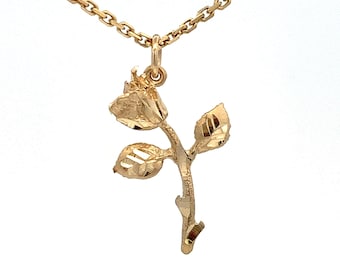 14k Yellow Gold Rose Pendant: Vintage Diamond Cut Flower Charm- ET1092