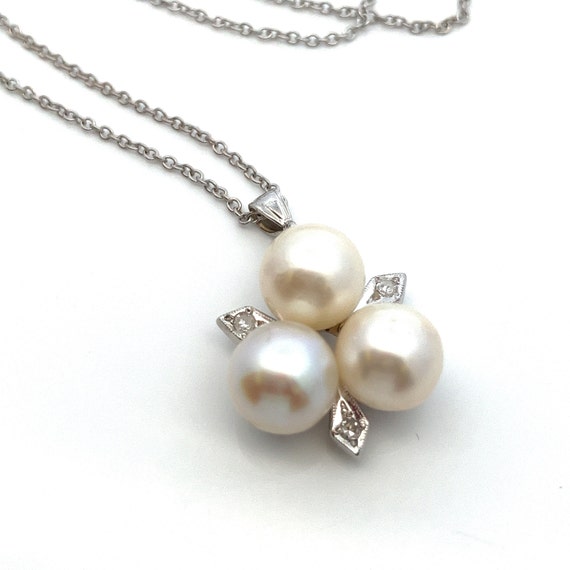 Vintage Three White Pearls and Diamond 14k White … - image 1