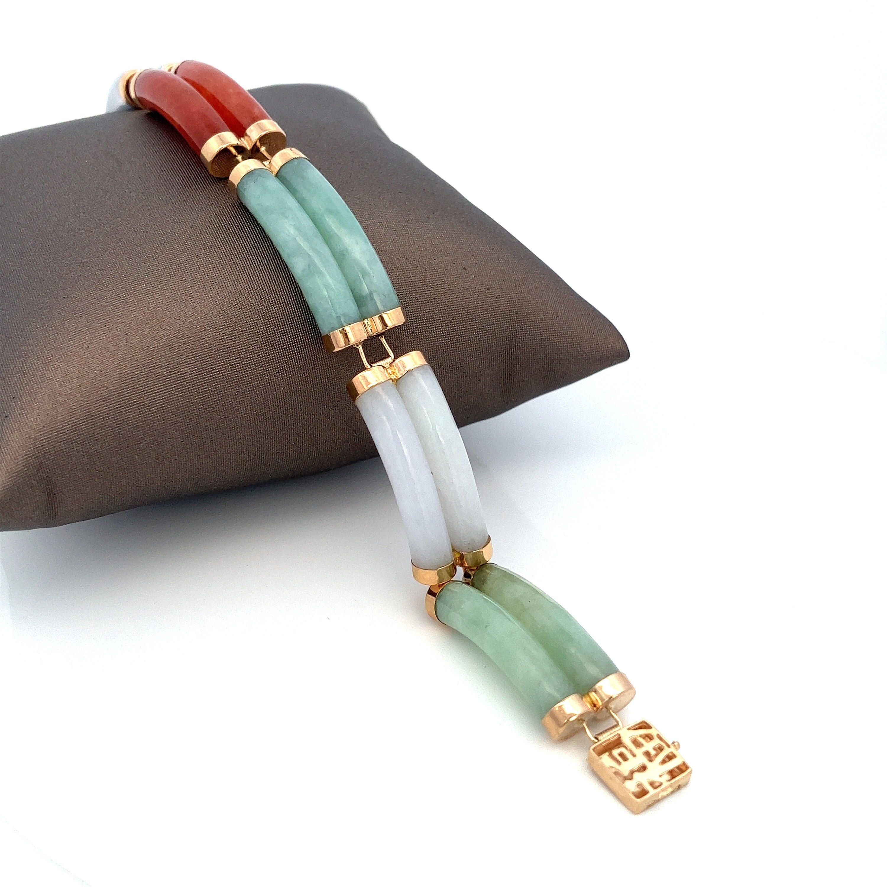 Multi Color Jade 14K Yellow Gold Bracelet: Chinese Clasp, 7 1/8