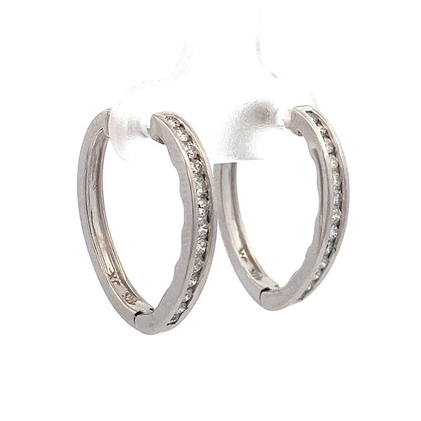 1 CT Channel Set Round Natural Diamonds Oval Hoop Earrings - 14k White Gold Huggie Hoops ~  Estate Earrings ET2544
