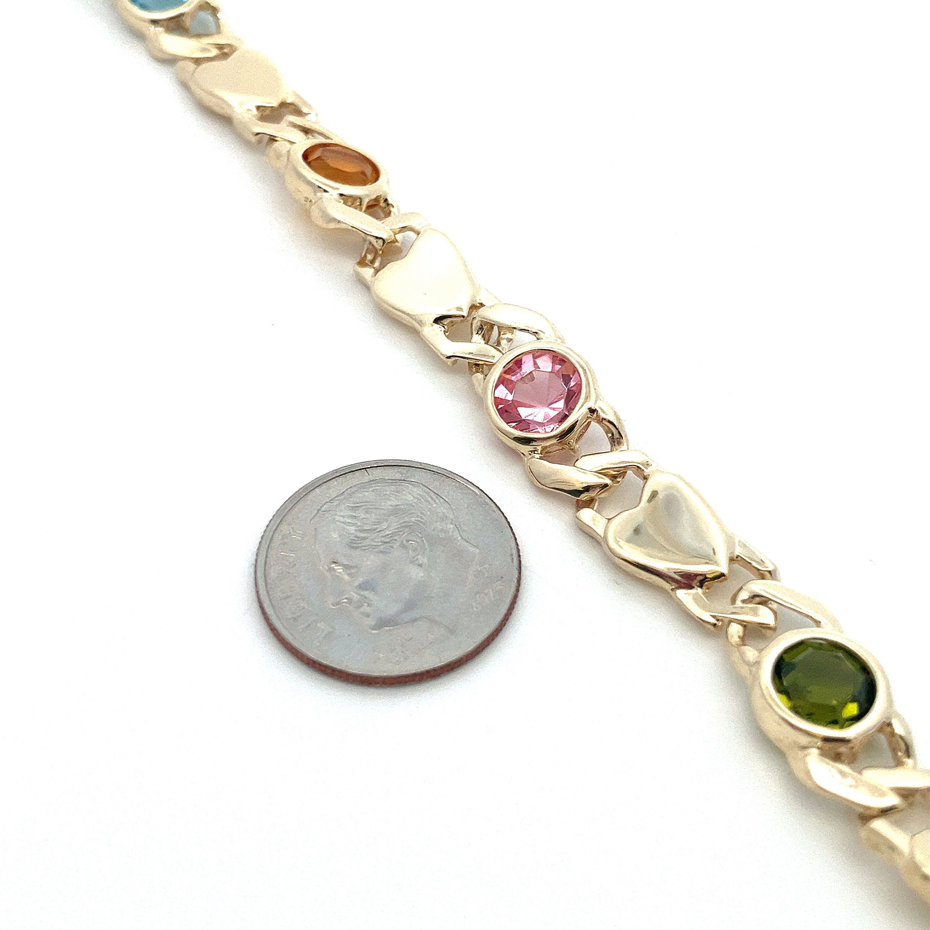 Vintage Multi-color Gemstone & Heart Link 14k Yellow Gold