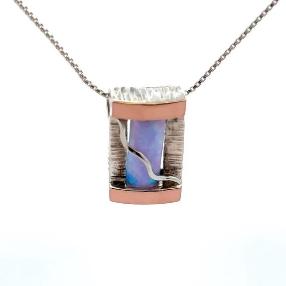 Rectangular Blue Opal Pendant Necklace: Sterling … - image 5