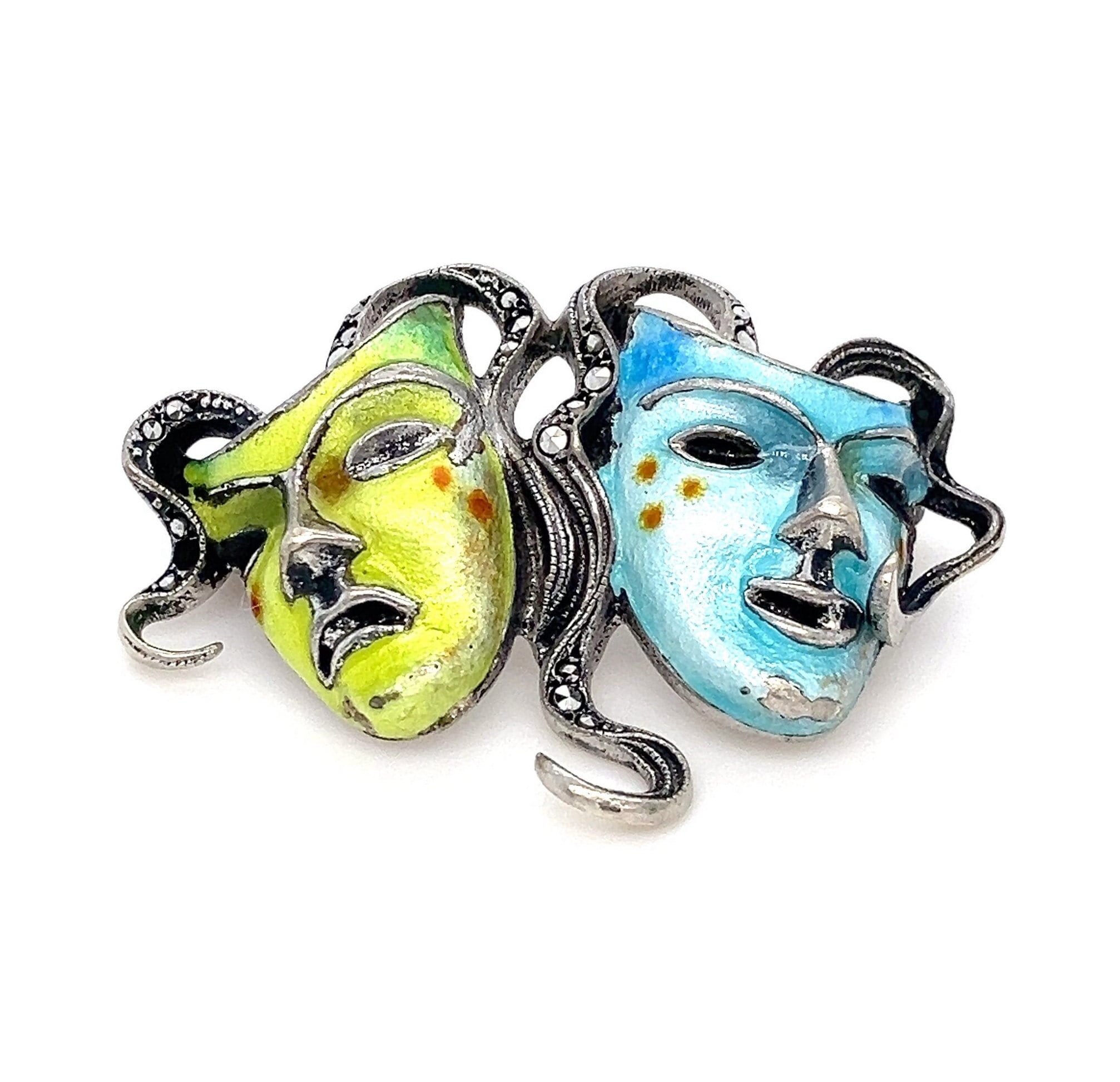 Blije en droevige gezichten komedie / tragedie maskers zilverkleurige broche / speld - België