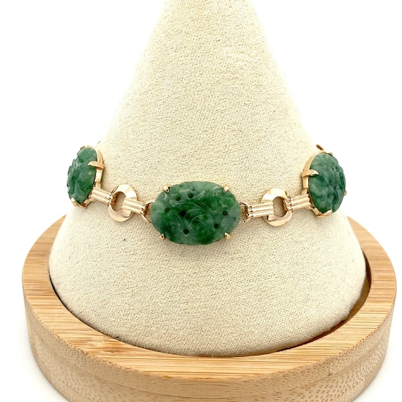 Carved Natural Green Jade Bracelet ~ 14K Yellow G… - image 2