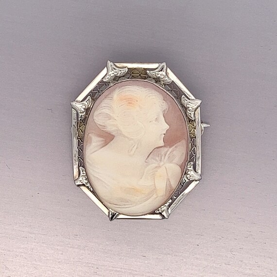 Vintage  14k White Gold Filigree Shell Cameo Pend… - image 2