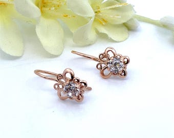 Petite Cubic Zirconia 14k Rose Gold Butterfly Earrings ~  CZ Dangle Wire Hook Backs ~ ET3129