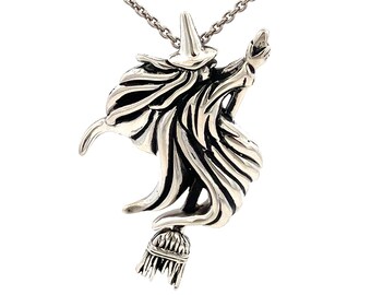 Sterling Silver Halloween Witch Pendant: Vintage Flying Broom Charm- ET1647