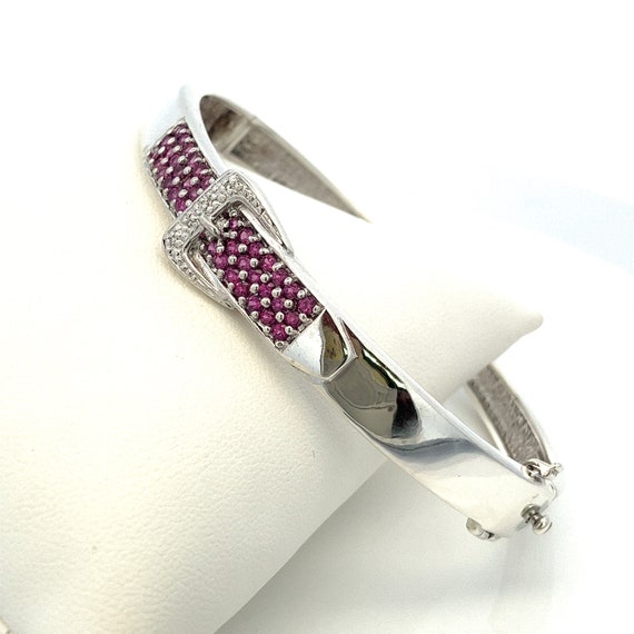 Sterling Silver Belt Buckle Bangle Bracelet- Pink… - image 2