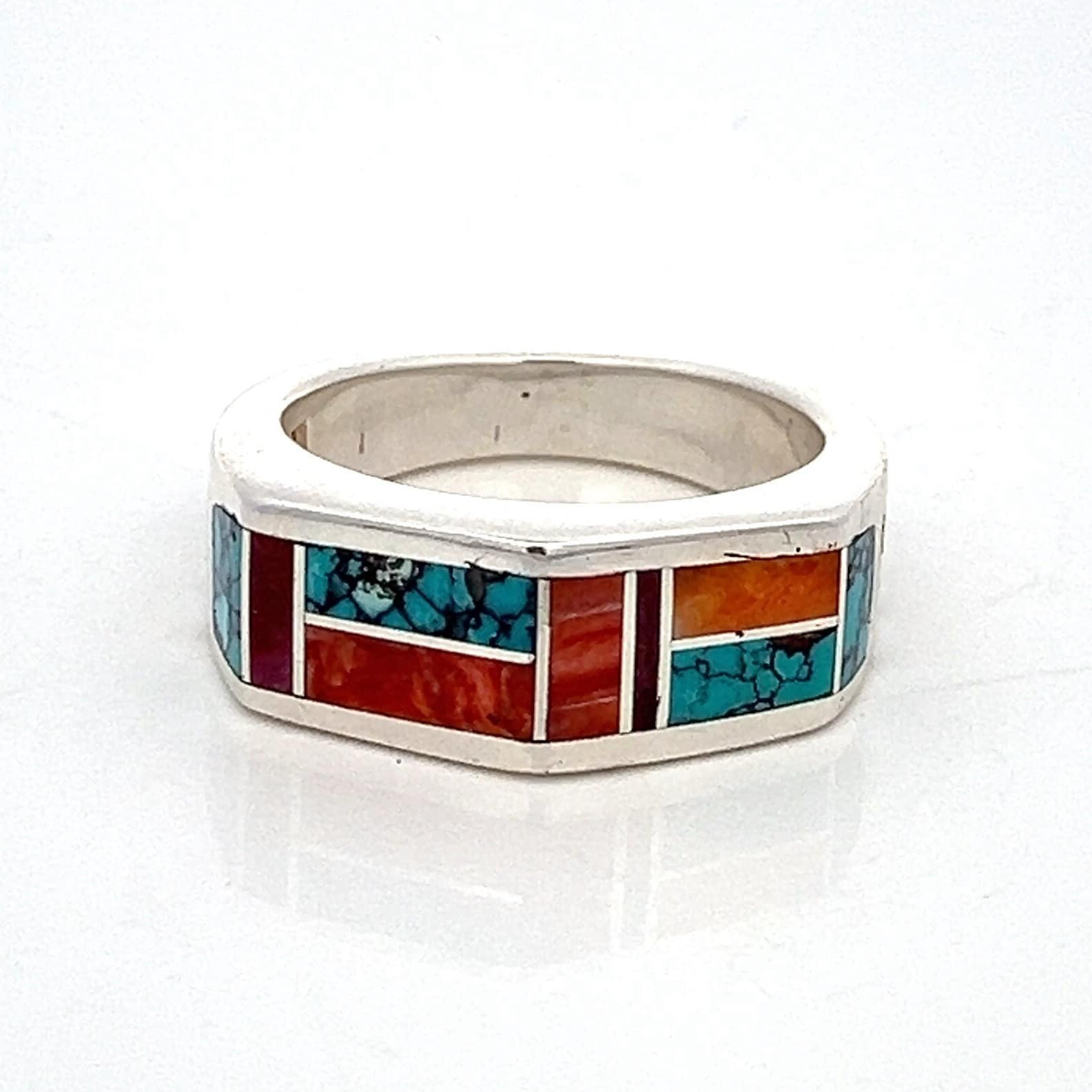 Coral Turquoise Inlay Gemstone Sterling Silver Ring Vintage