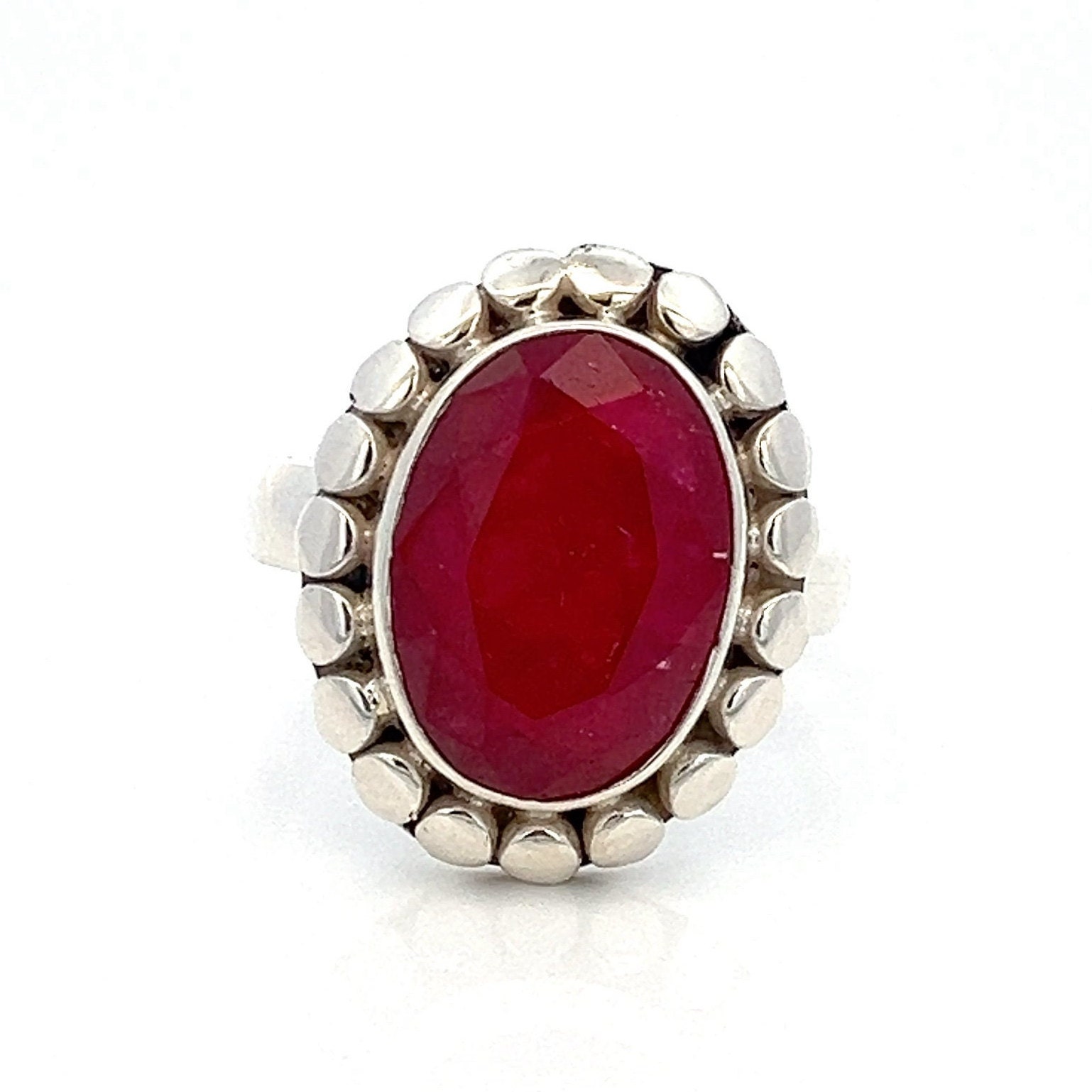 Vintage Oval Faceted Ruby Sterling Silver Ring - Bezel Set Gemstone ...