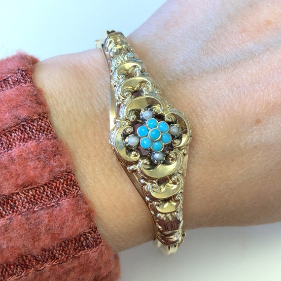 Antique Turquoise and Pearls Floral Gold Bangle B… - image 3