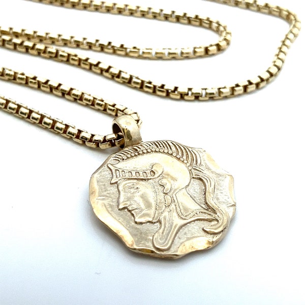 Roman Soldier Medallion Pendant with 27"  Yellow Gold Plated Sterling 2mm Thick Box Chain ~ Unisex Necklace  ET226