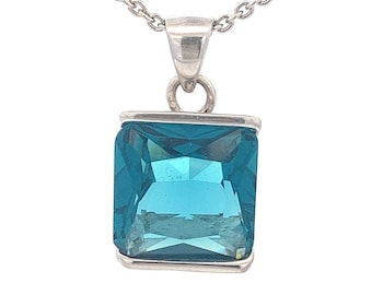 Teal Blue Square Radiant Glass and Sterling Silver Pendant- Vintage 925 Silver - ET1217