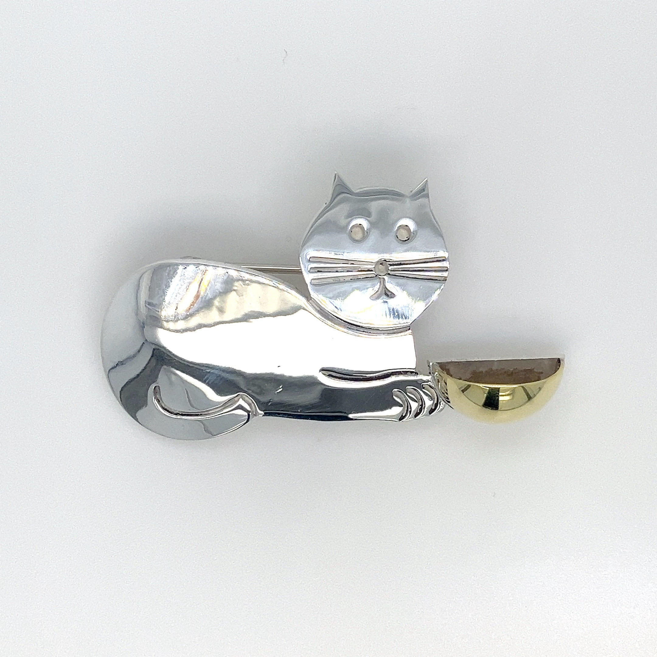 Vintage Sterling Silver Cat Pin: Brass Bowl, Taxco Mexico- ET2399