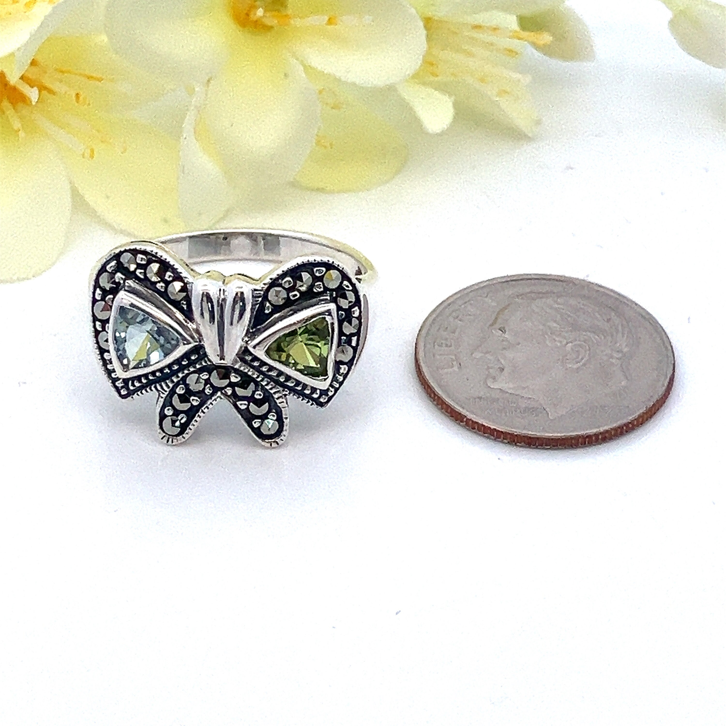 Marcasite Bow Ring - Blue Topaz, Peridot Gemstones Sterling