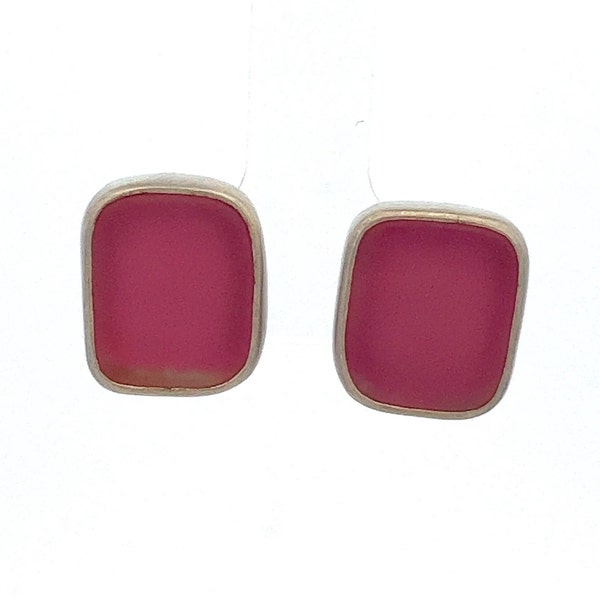 Hot Pink Sea Glass Sterling Silver Stud Earrings-Rectangular Bezel Set - Handmade by Designer Sonja Grondstra -ET1213