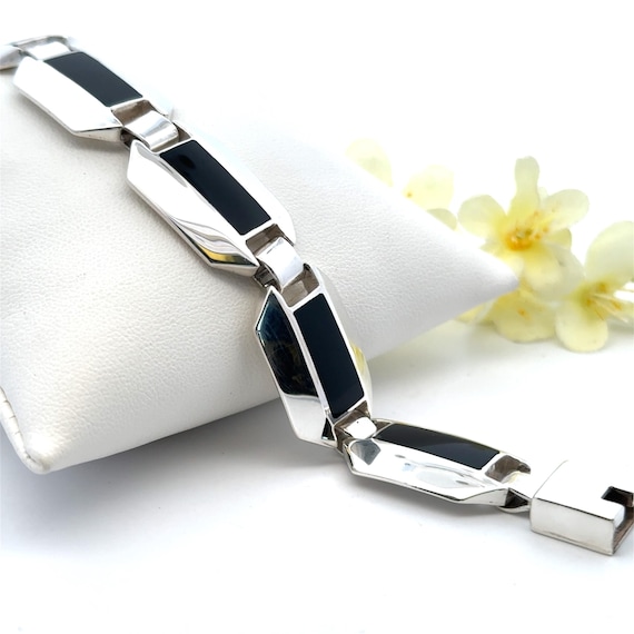 Vintage Black Onyx 950 Silver Link Bracelet - 7.5… - image 1