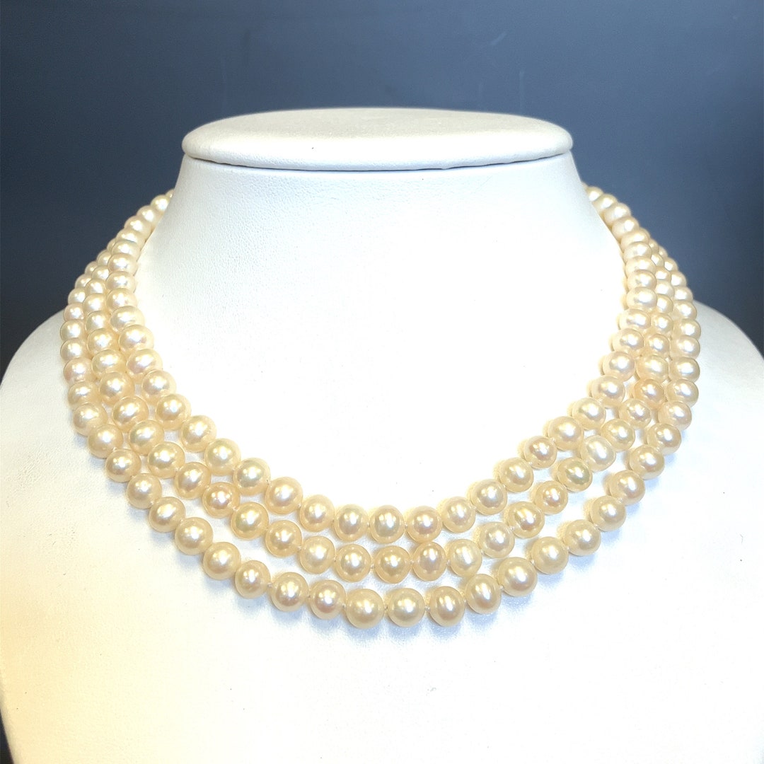 Shell Pearl 3 Strand 3 Strand Genuine Cultured Pearl Necklace - 7mm White Fresh Water Pearls ...