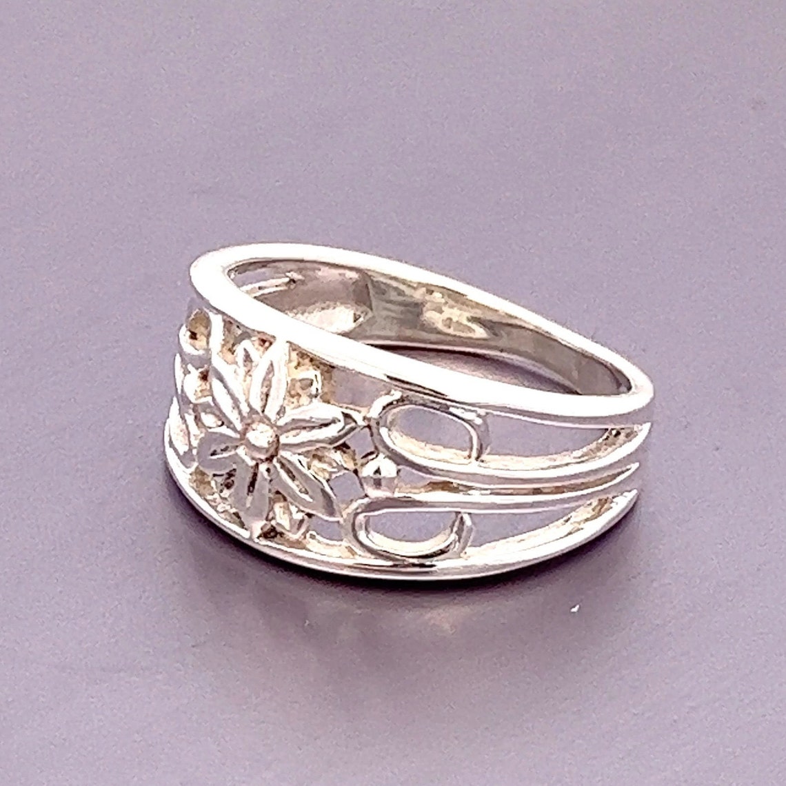 Modern Open Faced Floral Filigree Design Wide Sterling Silver 925 Ring ...