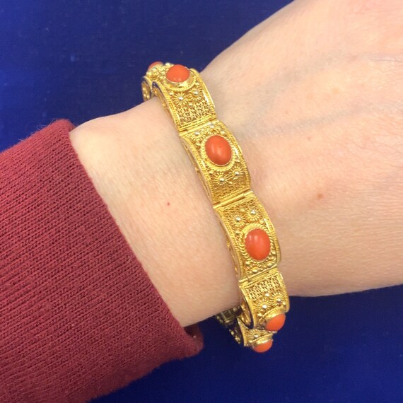 Ornate 14k Yellow Gold  Coral Bracelet Filigree V… - image 7