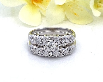 Vintage 14k White Gold Diamond Engagement Ring Set - Size 4.75~ ET3183