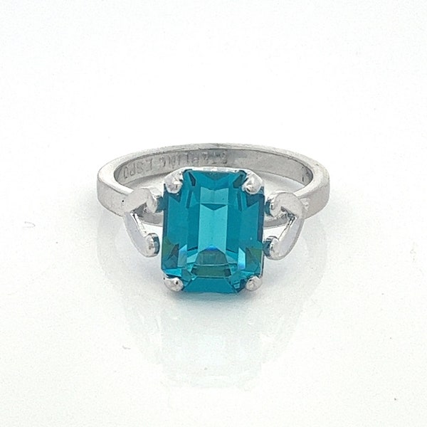 Emerald Cut Blue Zircon Sterling Silver Ring- Vintage Espo- Size 6.25- ET1278