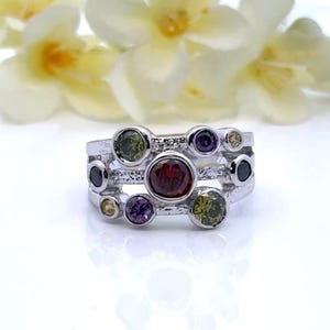 Multi Color Cubic Zirconia and  Sterling Silver Rainbow Ring - Multi-band look - Size 7 ~ ET3771