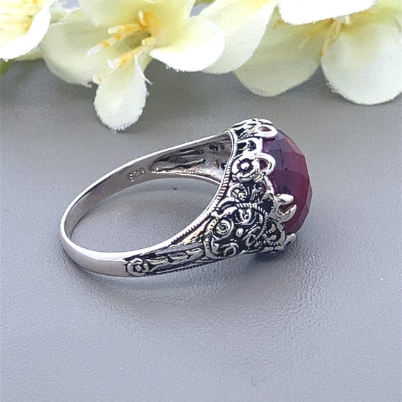 5CT Natural Ruby Sterling Silver Ring - Ornate Fl… - image 5
