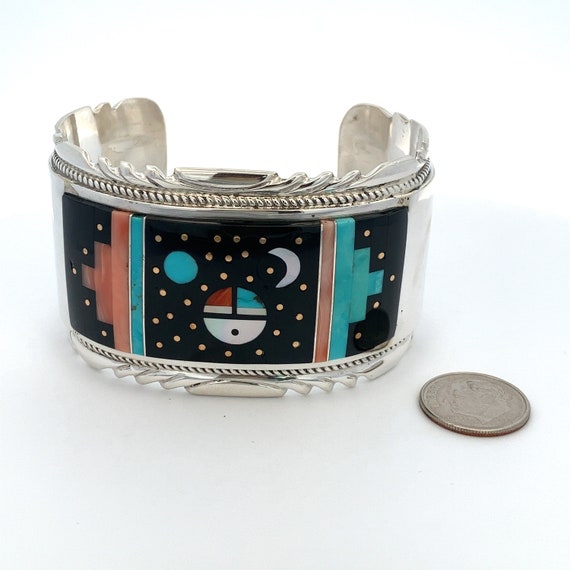 Wide Zuni Inlayed Cuff - Onyx, Coral, Turquoise, and Mother