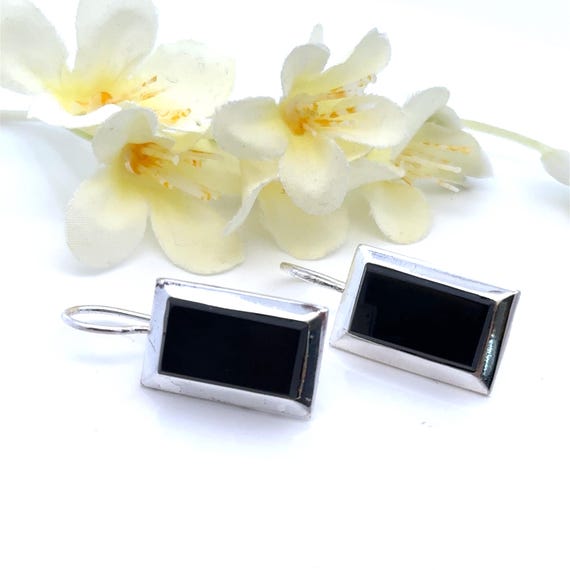 Rectangular Onyx and Sterling Silver Dangle Earri… - image 1