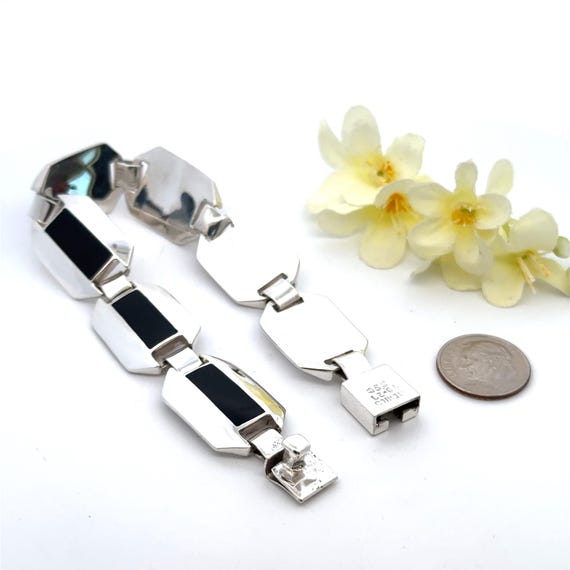 Vintage Black Onyx 950 Silver Link Bracelet - 7.5… - image 3