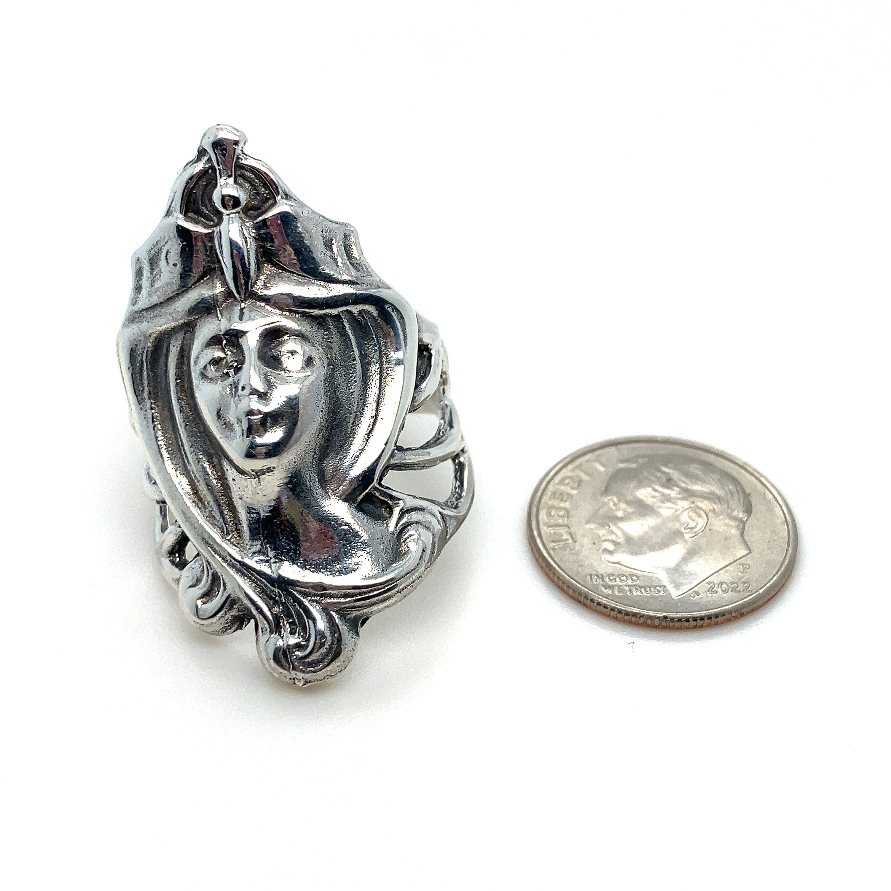 Vintage Art Nouveau Sterling Silver Woman's Face Ring - Size