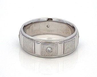 Mens Diamond and 14k White Gold Wedding Band Ring- 4 Diamond Ring  -Brushed and Polished Pattern-  Unisex - Size 9.25- ET1258