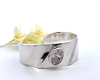 Sterling Silver Cuff Bracelet – Wide Modern Design with Cubic Zirconia - ET3704