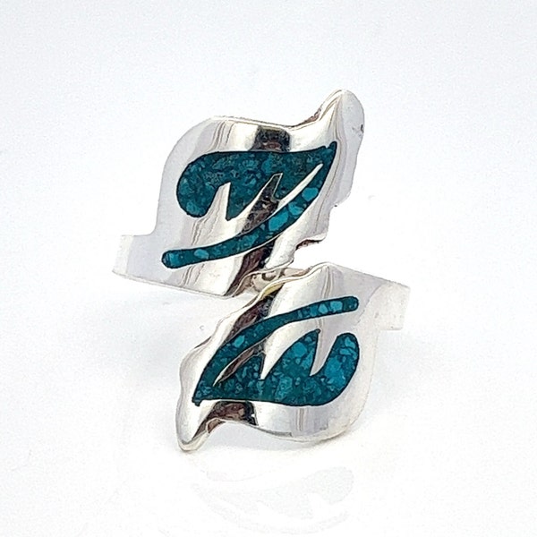 Inlayed Crushed Turquoise Sterling Silver Leaves Bypass Ring- Vintage Made in Mexico - Size 8.5 - ET1923