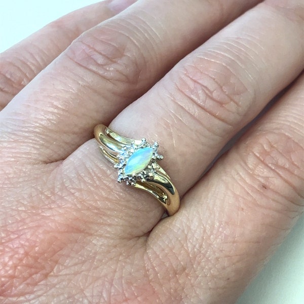 Natural Marquise Opal and Diamond Accent Ring - 10k Yellow Gold Halo Design  ~ Size 7.25 ~ October Birthstone Ring - ET2528