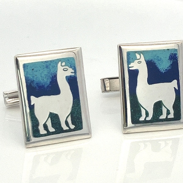 Enamel Llama Sterling Silver Rectangular Cufflinks ~ Gift For Him ~ Handmade in Peru - Southwestern Style - ET1710