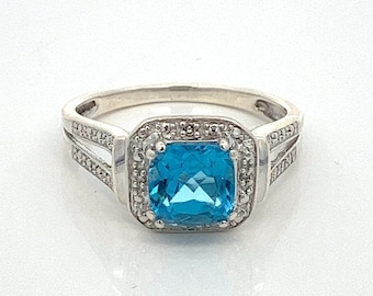 Diamond & Cushion Cut Swiss Blue Topaz  Sterling Silver Ring ~ 925 Statement Ring~ Size 9~ ET1187