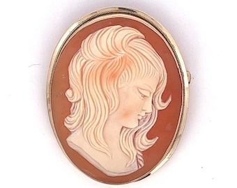 14k Gold Cameo Brooch Pendant: Carved Shell, Woman with Long Hair~ ET635