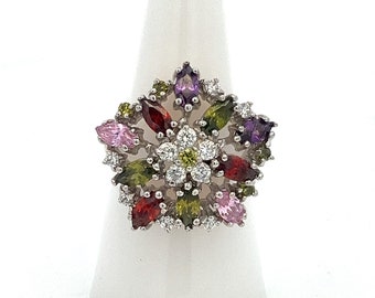 Multi Colored Cubic Zirconia Sterling Silver Cluster Ring ~  925 CZ Fashion Ring ~  Large Statement Ring ~ Size 7.25  ~ ET2060