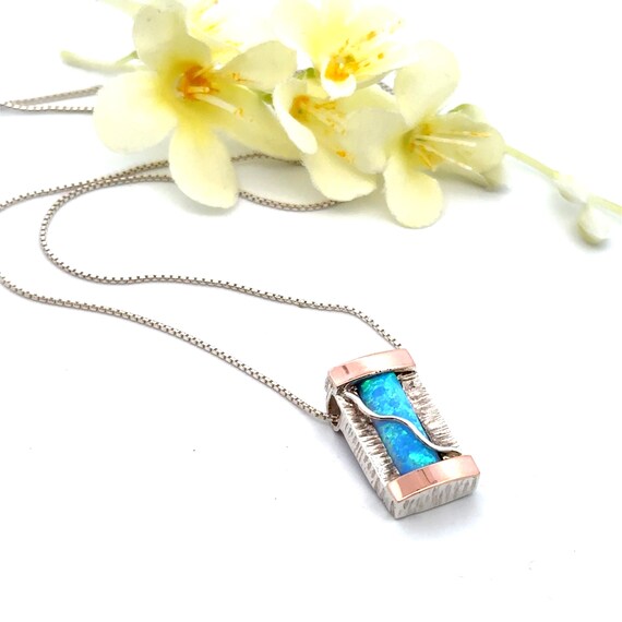 Rectangular Blue Opal Pendant Necklace: Sterling … - image 1