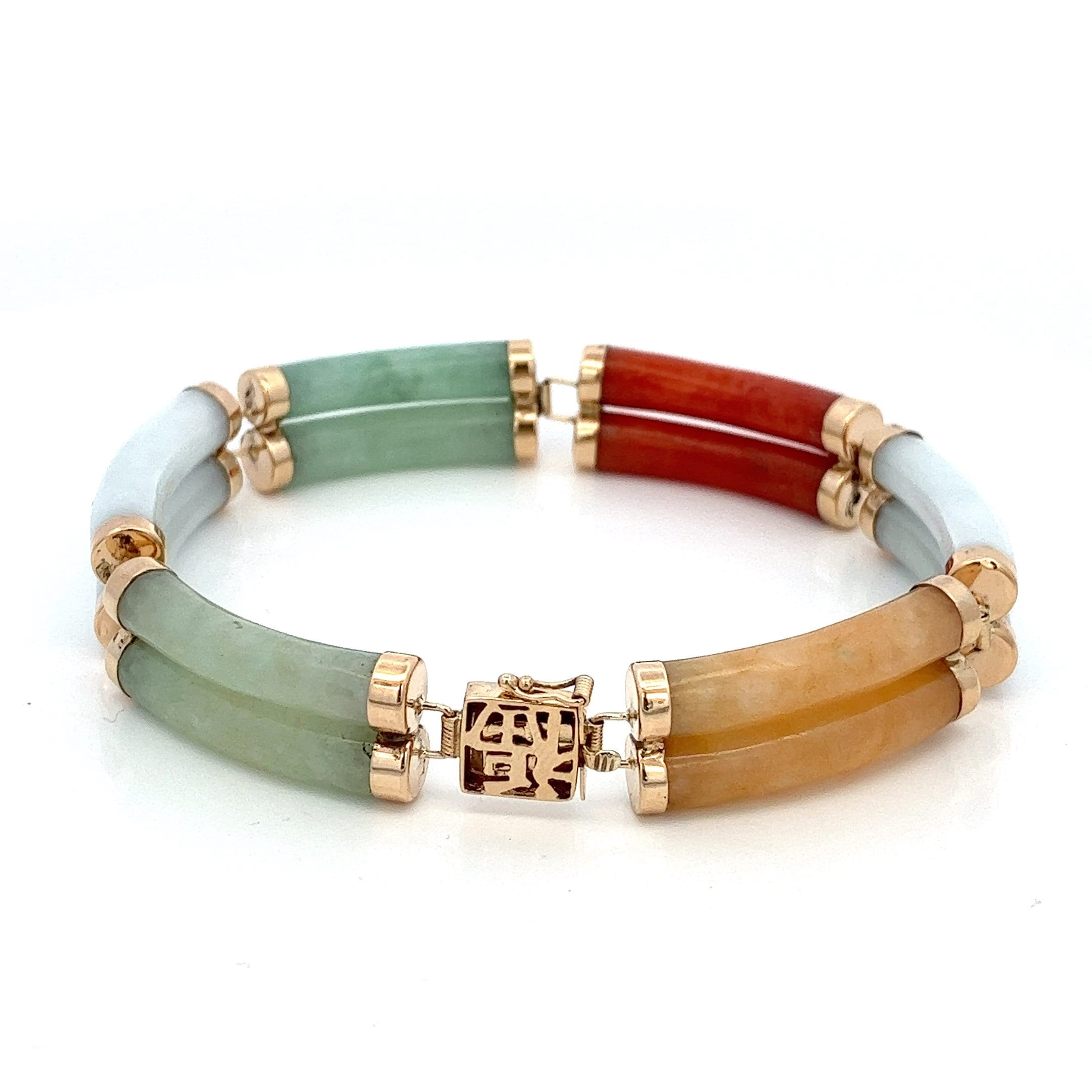 Multi-color Jade 14K Gold Bracelet: Chinese Clasp, 7