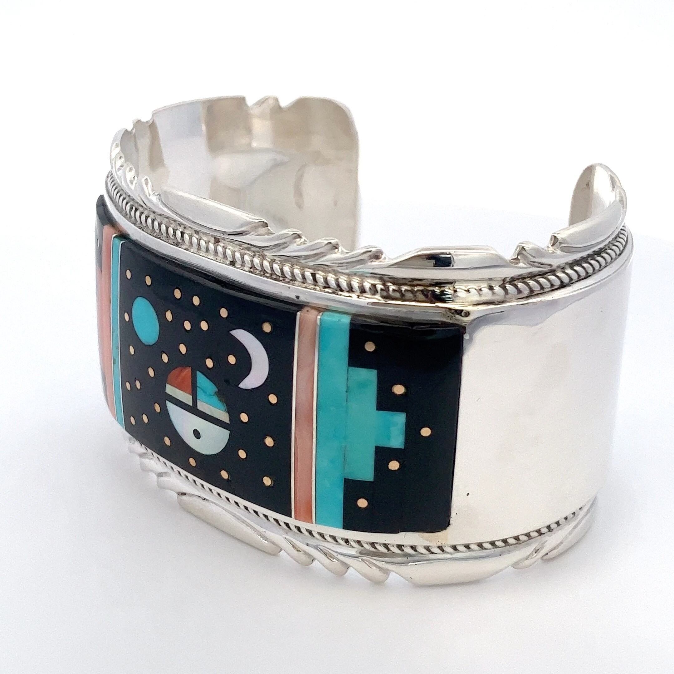 Wide Zuni Inlayed Cuff - Onyx, Coral, Turquoise, and Mother