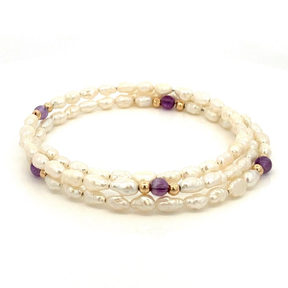 Freshwater Pearl and Amethyst Beaded Memory Wire … - image 2