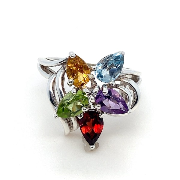 Multi-Gemstone Sterling Silver Cluster Ring - Pear Cut Garnet, Peridot, Citrine, Amethyst, and Blue Topaz  - Size 5.25 ~ ET2565