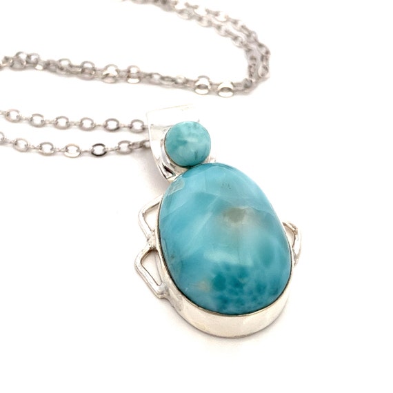 Larimar Oval Sterling Silver Pendant Necklace - 1… - image 1