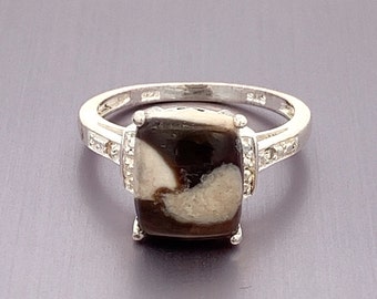Rectangular Brown and White Jasper Sterling Silver Ring- Vintage 925- Size 6.75- ET690