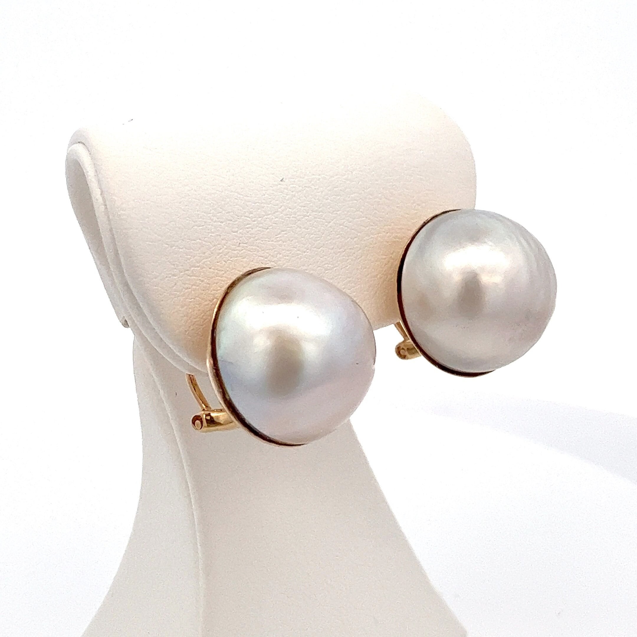 Large Round 16mm Mabe Pearl Earrings ~ 14k Yellow Gold