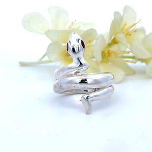 May include: A polished silver-toned ring shaped like a coiled snake. The snake features a smooth, reflective metallic body that wraps around the finger, with two small, distinct red accents serving as the eyes on the head of the serpent.