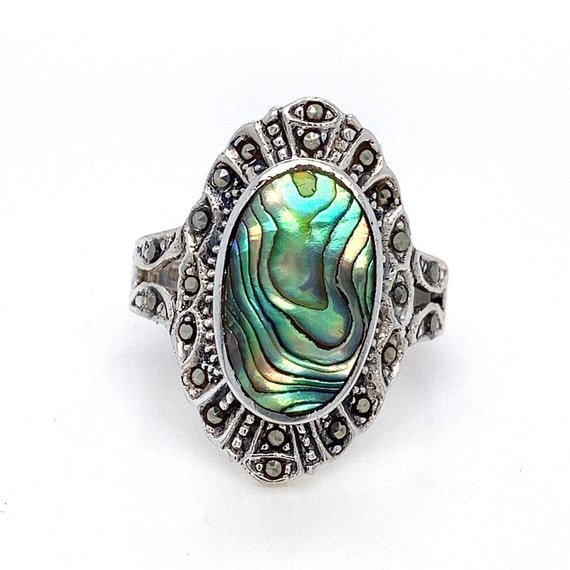 Large Oval Paua Abalone Shell and Marcasite Gemst… - image 1